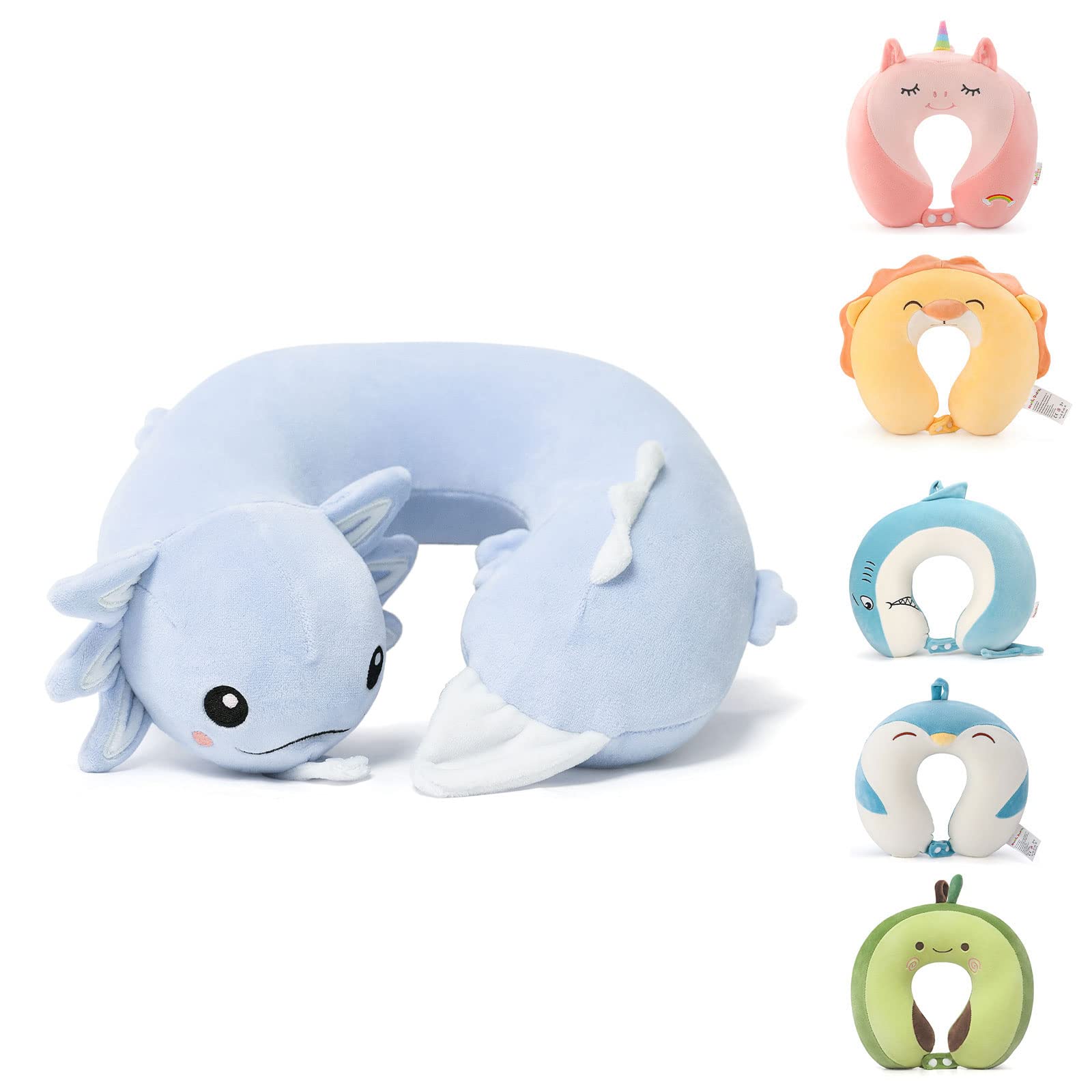 Niuniu Daddy Kids Blue Axolotl Travel Pillow Road Trip Essentials For 3-8 Y/O-Soft Memory Foam Kids Neck Pillow For Airplane Tra